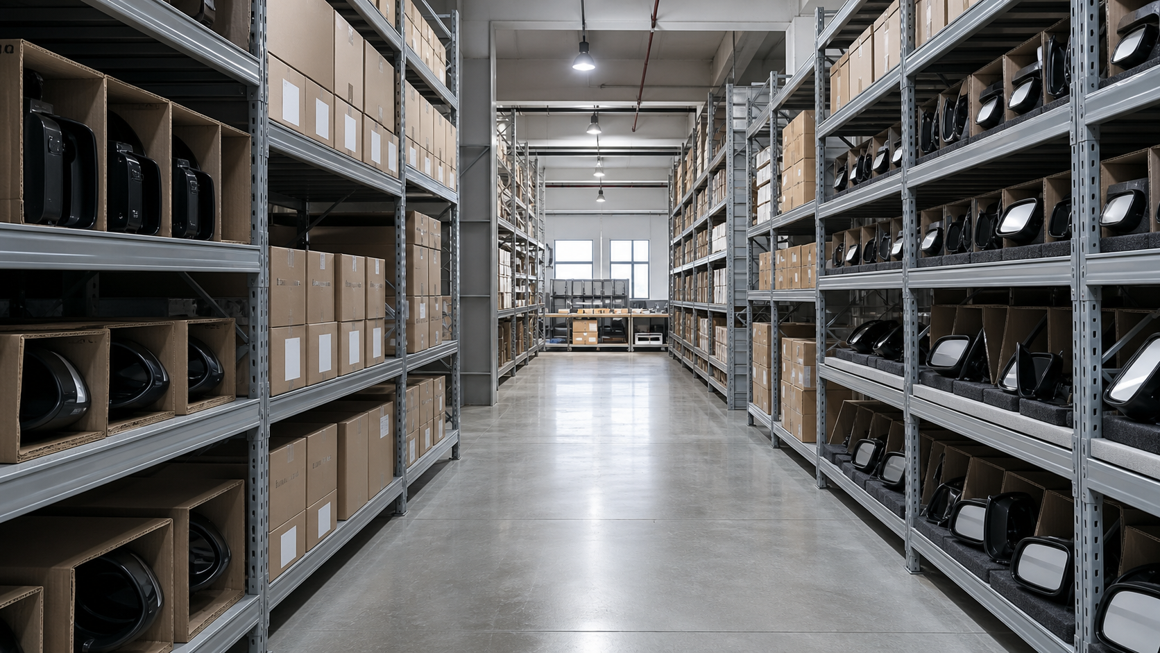 Organized automotive mirror warehouse